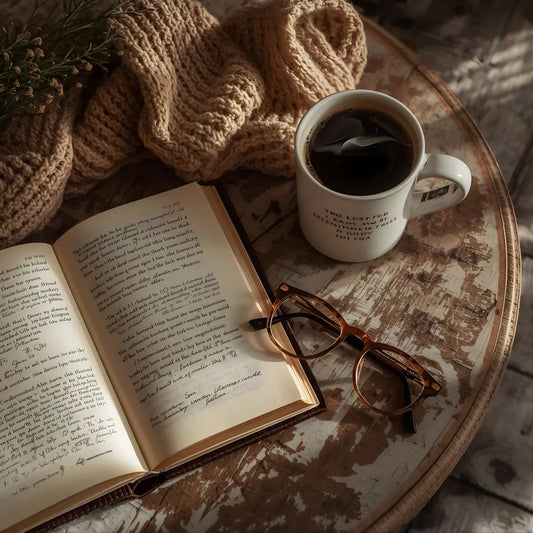 Cozy bookish coffee setup with open book and literary mug for readers